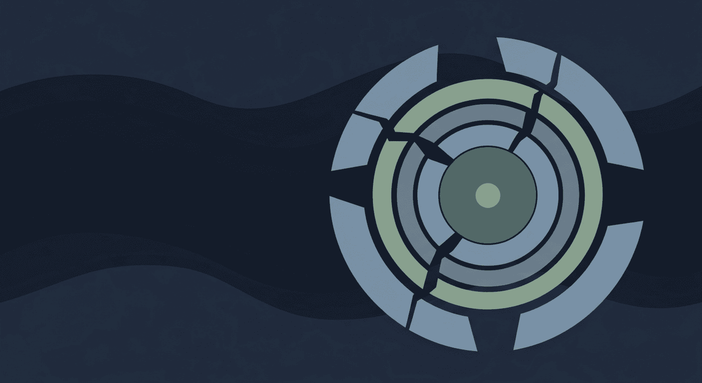 Abstract illustration of a small dot surrounded by concentric shield-like arcs, some cracked