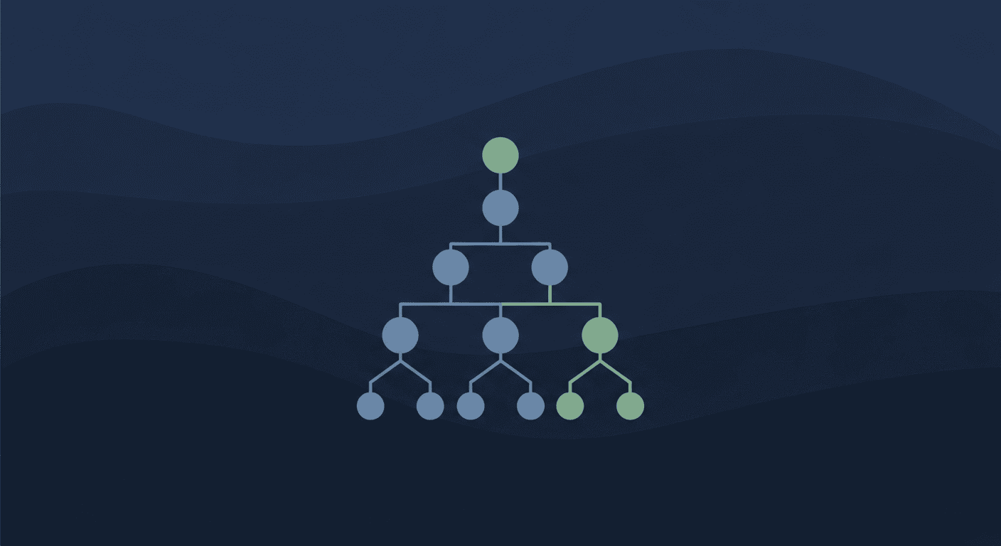 Abstract illustration of a hierarchical tree of nodes branching from one node into five and onward