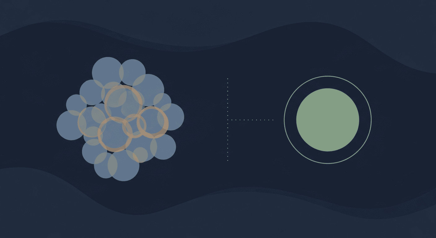 Abstract illustration of a dense cluster of circles separated by a dotted line from one self-contained ringed circle