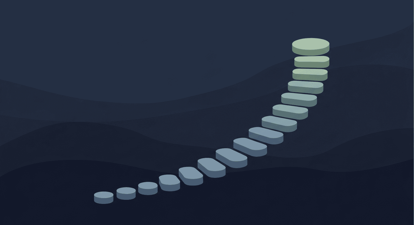 Abstract illustration of an ascending spiral of steps growing larger and lighter toward the top